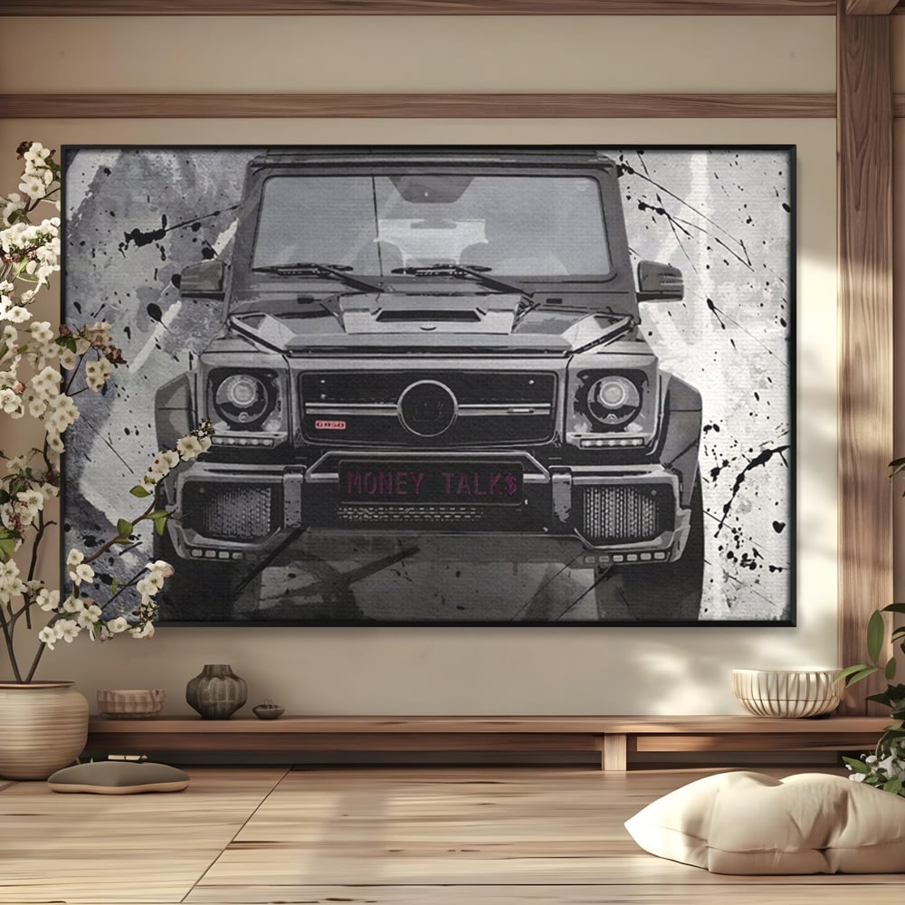 Tablou canvas cu tablou canvas cu masina mercedes neagra, in rama de aluminiu negru
